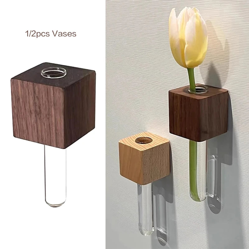 1/2pcs Wooden Magnetic Test Tube Vase Refrigerator Magnet DIY Flower Arrangement Simulation Flower Vase Home Kitchen Decoration Qme