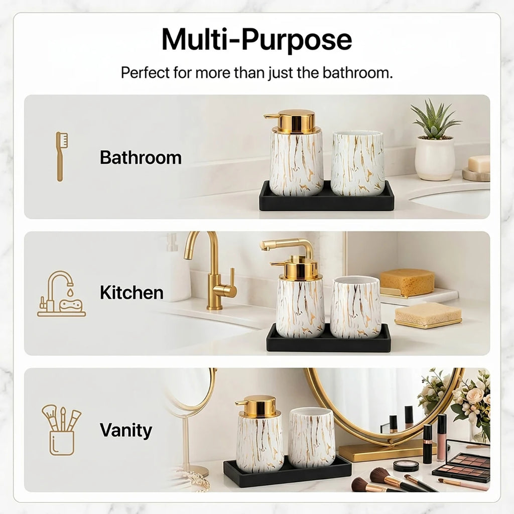 Luxury White Marble Bathroom Accessories Set Foaming Soap Dispenser Toothbrush Holder Unbreakable Plastic Gold Decor Vanity Set Qme