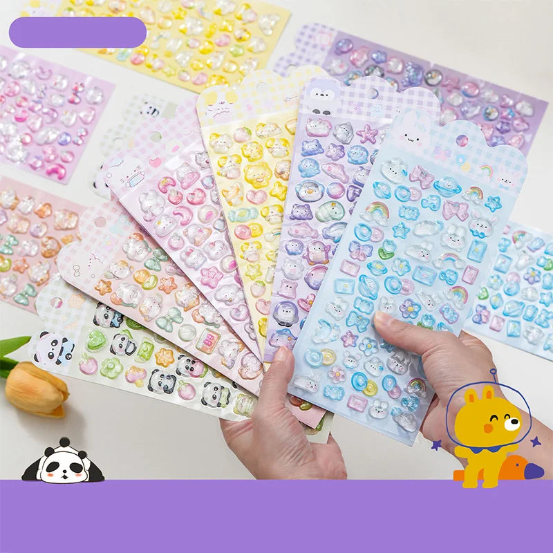 Cute Cartoon Animal 3D Solid Clear Crystal Embossed Stickers for DIY Scrapbook Phone Case Decoration Birthday Gift Reward Qme ALL