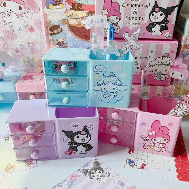 Hello Kitty, Kuromi, and Japanese-Style Cute Desktop Pencil Holder Student Storage Box Melody Mini Drawer Organizer Qme