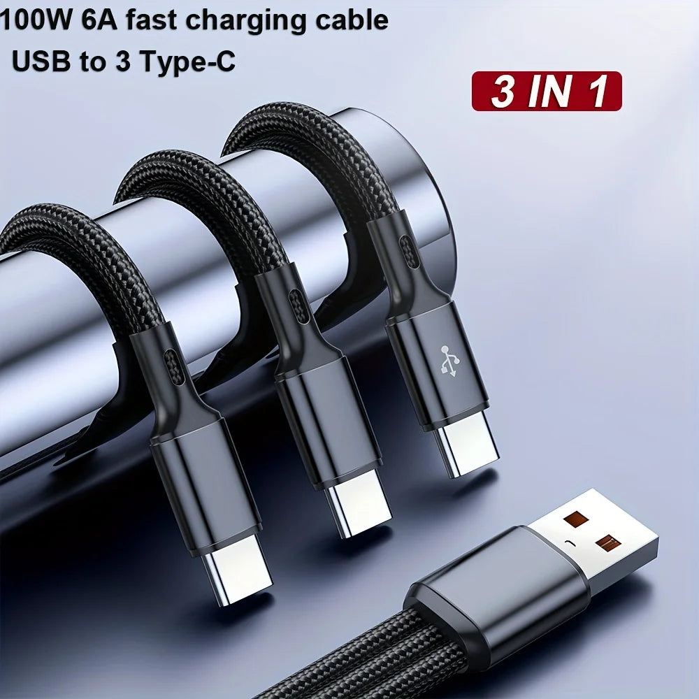 3 IN 1 USB Cable Cord USB To Type C Charger Cable Multi 6A Type C Ports Fast Charging Data Cord For iPhone Samsung Xiaomi Huawei Qme