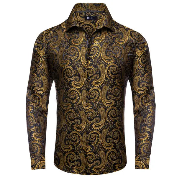 Single Paisley Long Sleeve Shirt Men, Gold or Purple or Black or Blue or Brown, Loose Button Collar Daily Casual Wear Qme