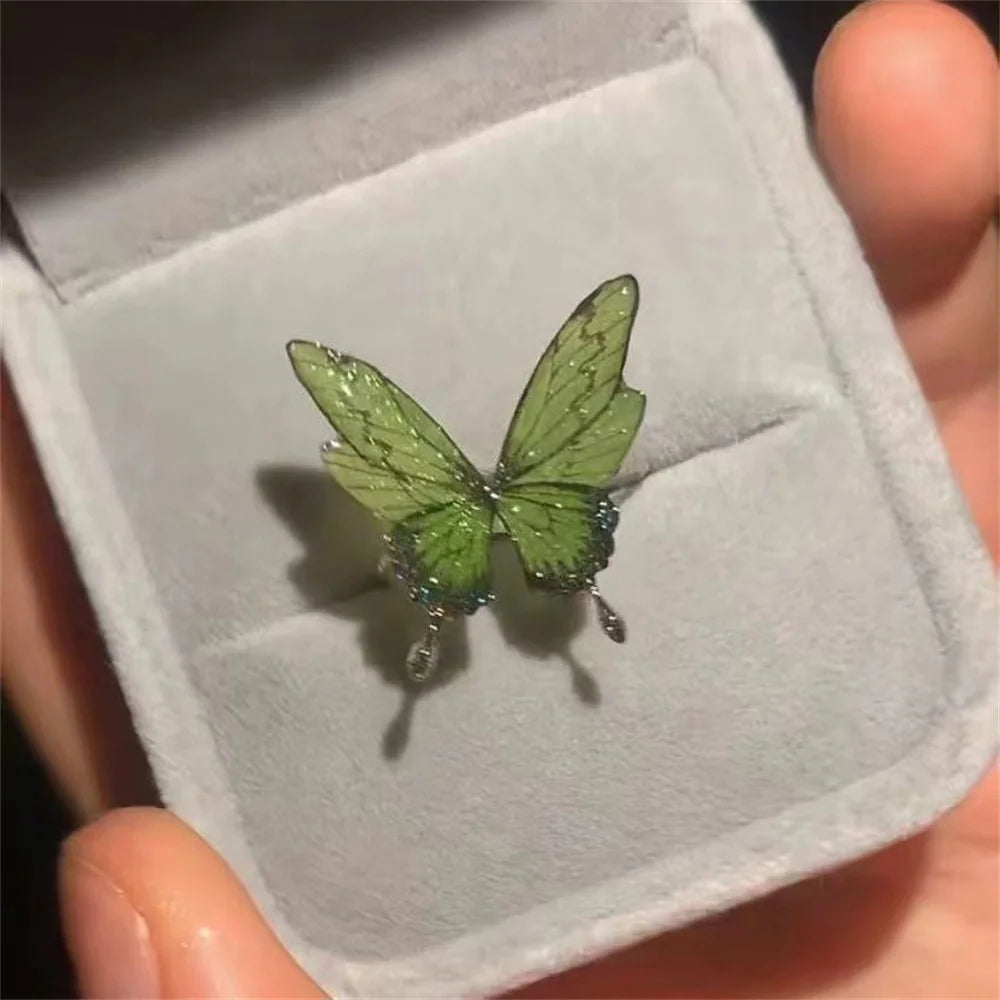 Blue Double Butterfly Open Ring with High Beauty New Vintage Light Luxury Fairy Style Versatile Finger Ring Qme 5 resizable