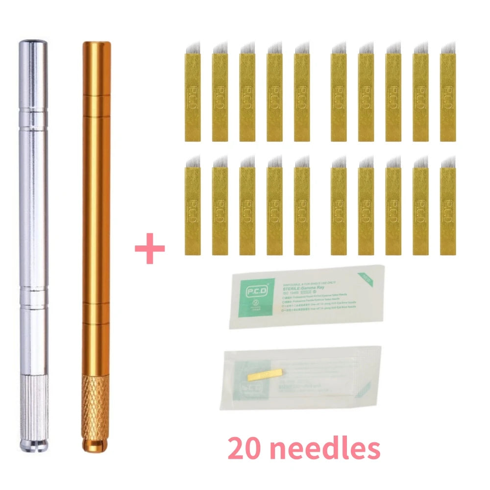 Golden Tebori 3D Microblading Tattoo Pen Needles Permanent Makeup Manual Professional Eyebrow Microblading Tattoo Set Tool Qme Two Pen 20 Needles