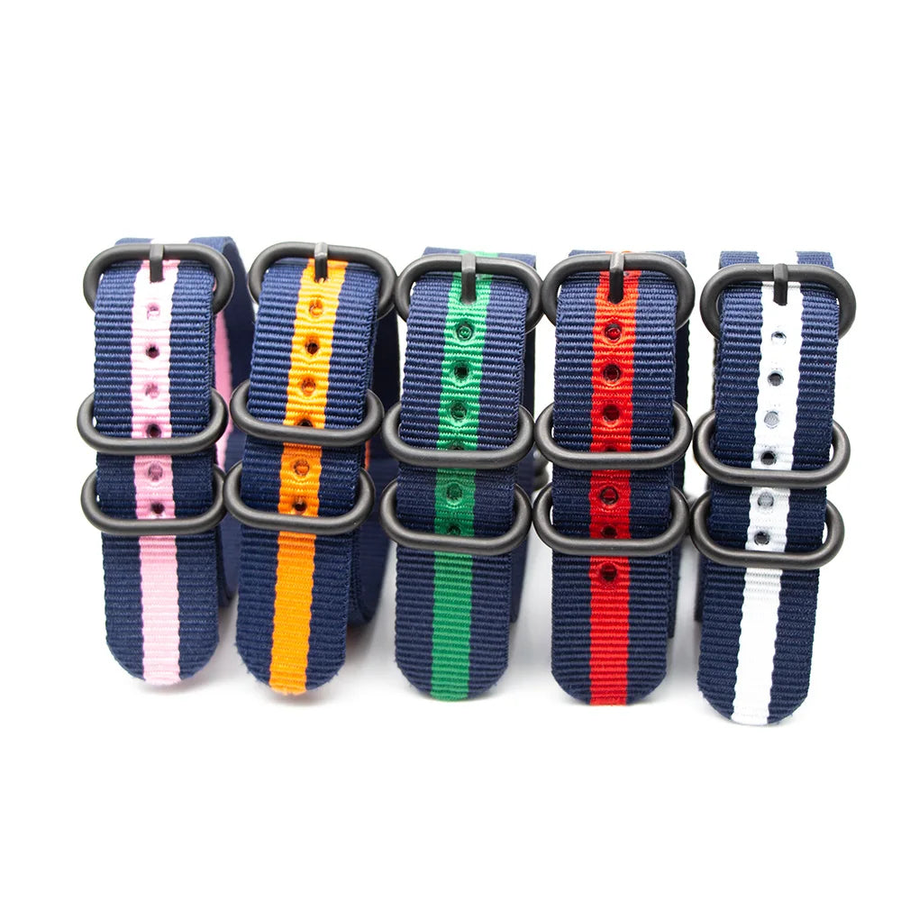 Army Sports Nylon Watch Band 18MM-24MM Black Ring Buckle Wristband Accessories for Samsung Huawei Watches Qme