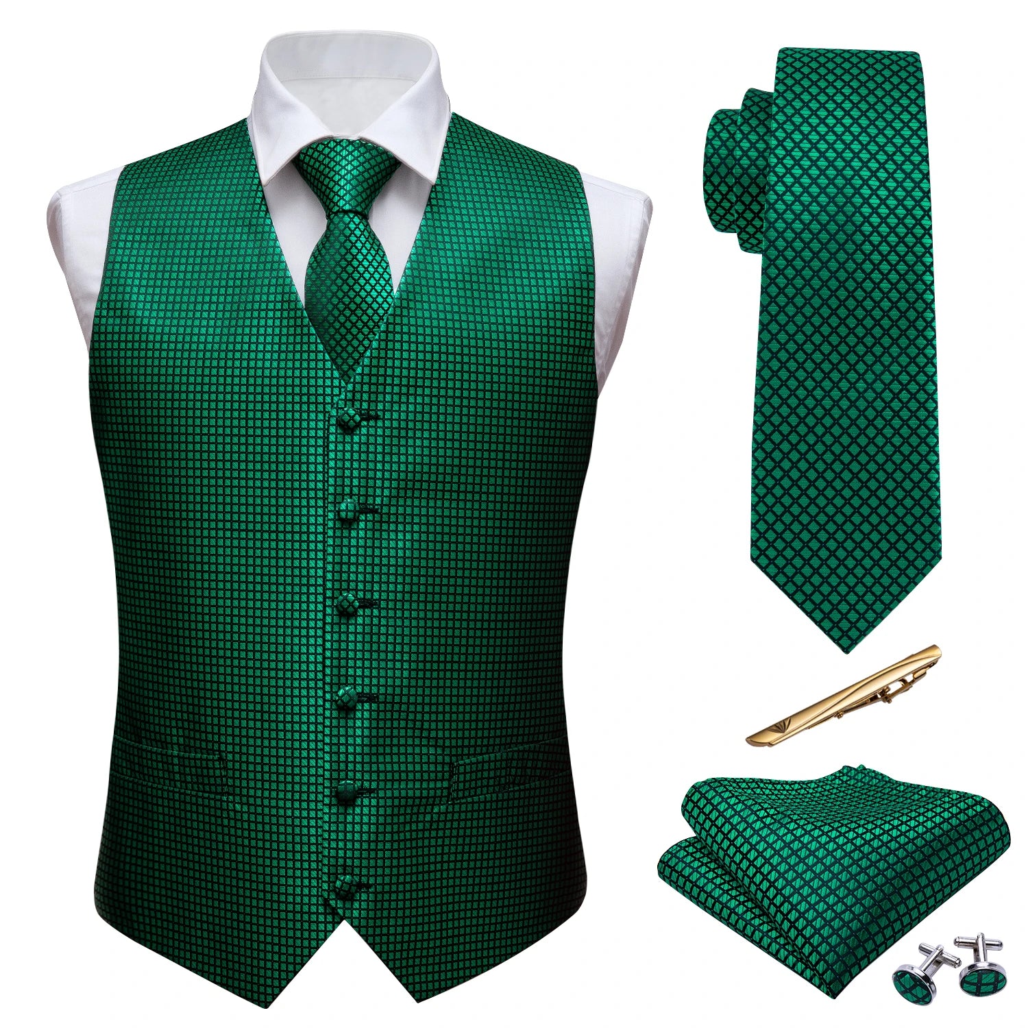 Men's Purple Green Vest & Tie Hanky Cufflinks Set – Formal Paisley Plaids Waistcoat for Weddings Events Party Gift Qme MJTZ2004 XXXL
