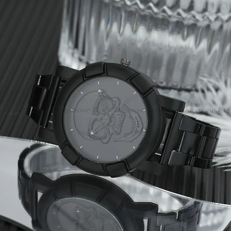 Men's Quartz Watch, Black and Gold Dial, 3D Skull Head Pattern, Stainless Steel, Steampunk Rock Engraved, Men's Watch Qme