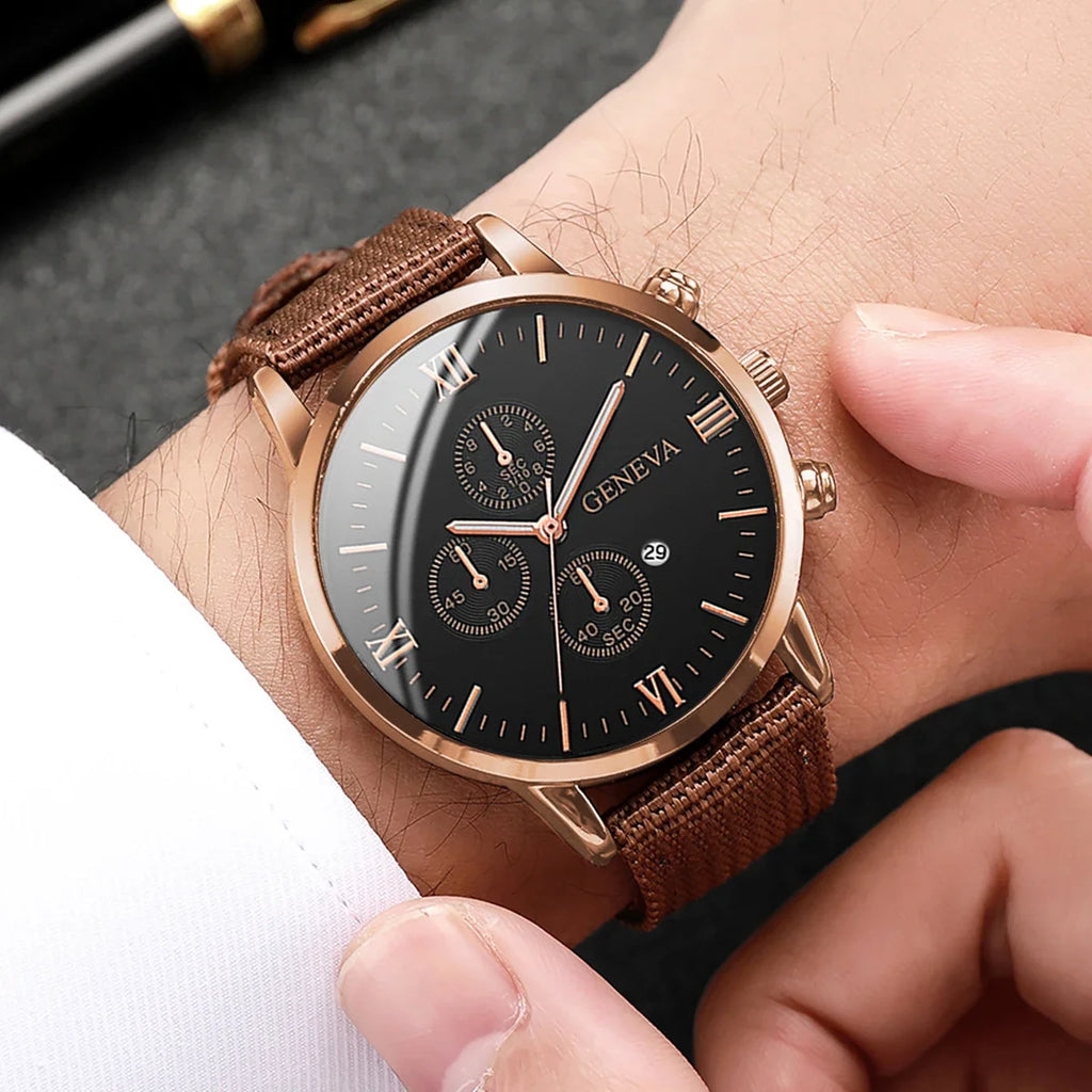 5 Pçs/set Calendário Masculino Relógio Casual Nylon Banda Relógio de Quartzo Conjunto de Pulseiras de Couro Vintage (Sem Caixa) Qme