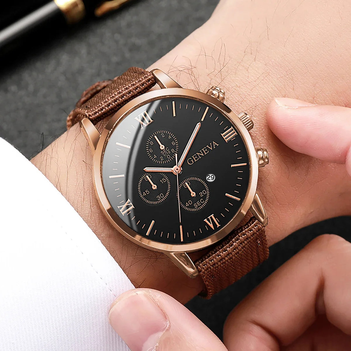 5 Pçs/set Calendário Masculino Relógio Casual Nylon Banda Relógio de Quartzo Conjunto de Pulseiras de Couro Vintage (Sem Caixa) Qme