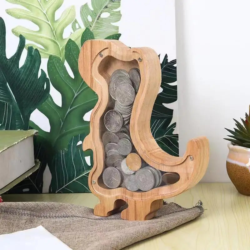 Wooden Animal Piggy Bank Transparent Cat Elephant Dinosaur Wood Qme