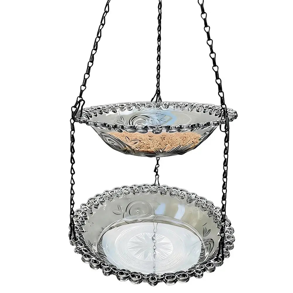 Two-layer Hanging Bird Feeder Outdoors Water Bowl Garden Yard Qme Gray