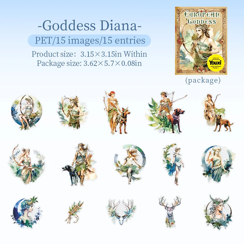 European Goddess Mythology Theme PET Stickers 15 Sheets for Scrapbooking Journal DIY Decoration Collage Diary Qme 4