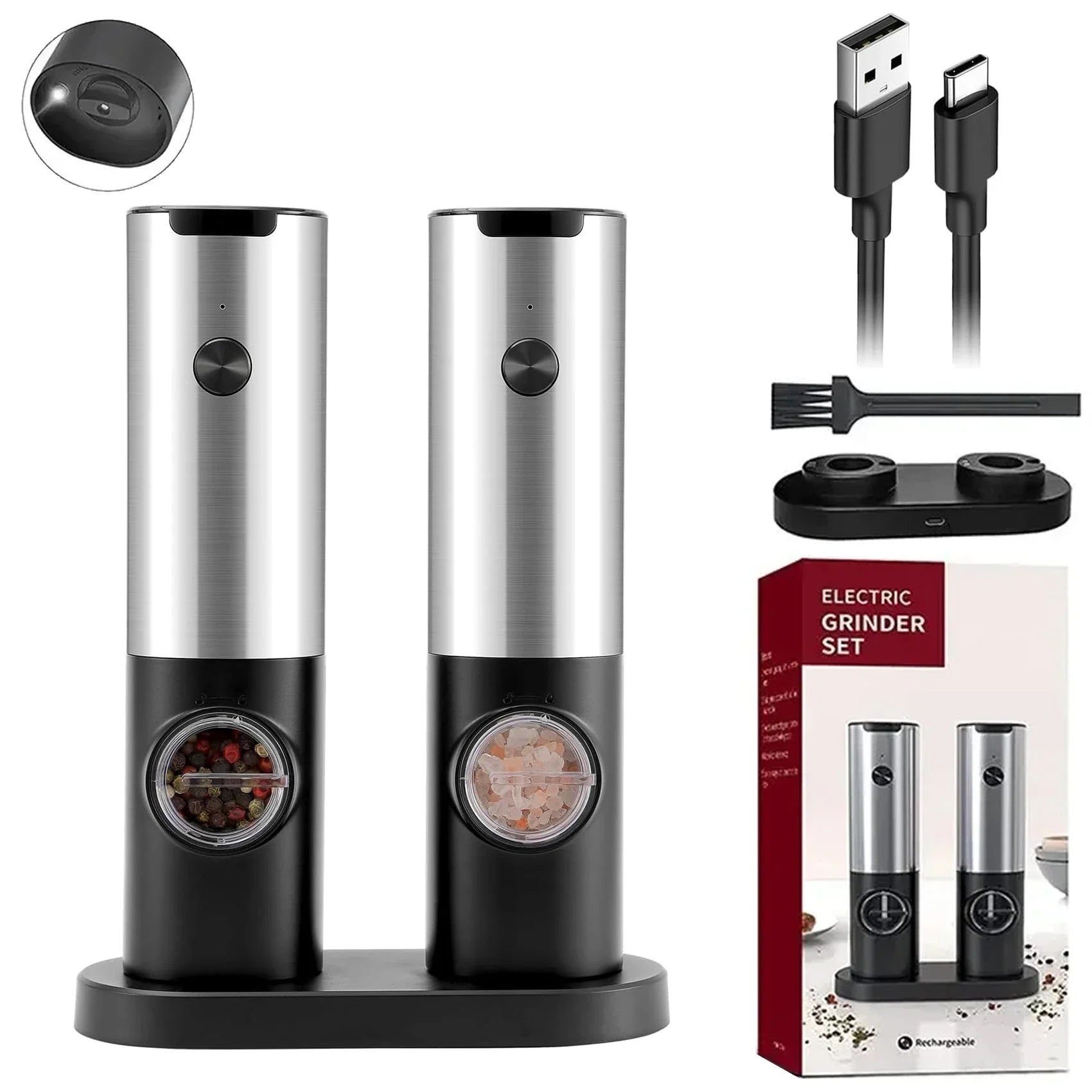 Electric Pepper Powder Grinder USB Rechargeable Salt Adjustable Qme