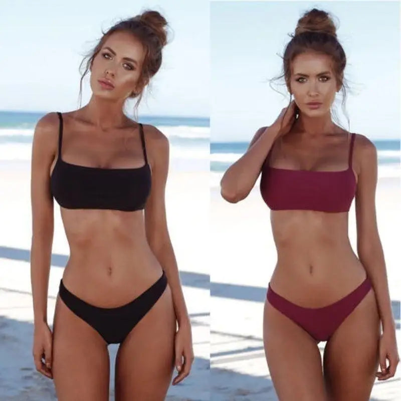 Women's Bikini Solid Two Swimsuit Sexy Spaghetti Strap Beach Swimwear Qme