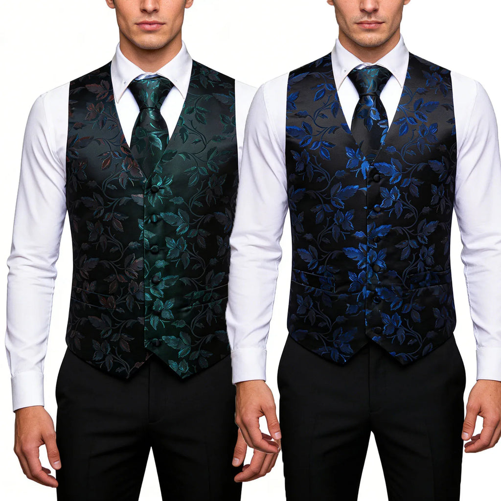Men's Elegant Floral Vest Tie Hanky Cufflinks Formal Wine Green Blue Qme