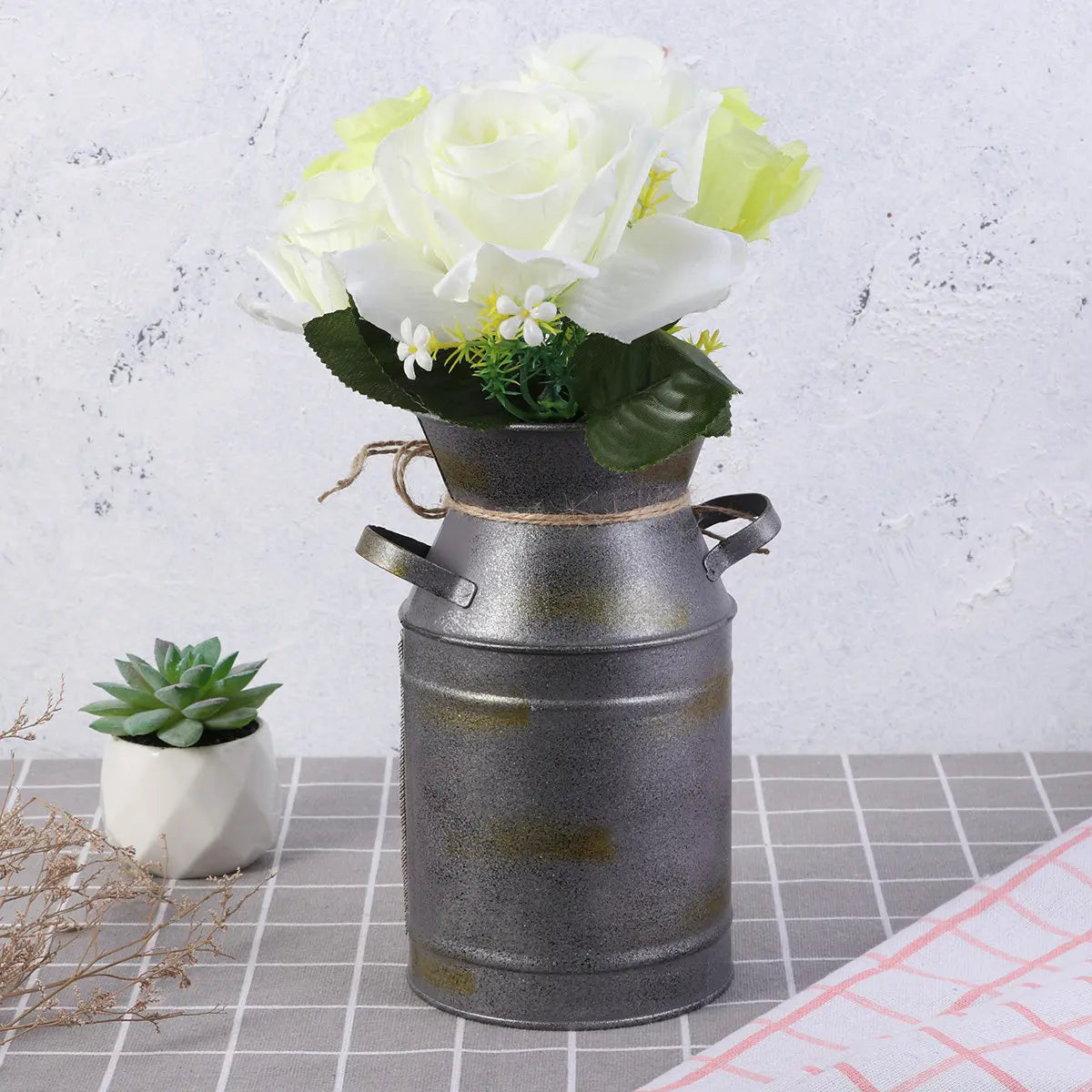 Vintage Metal Vase Retro Milk Can with Distressed Paint and Dual Handles Unique Home Office Decorative Flower Pot Qme Default Title