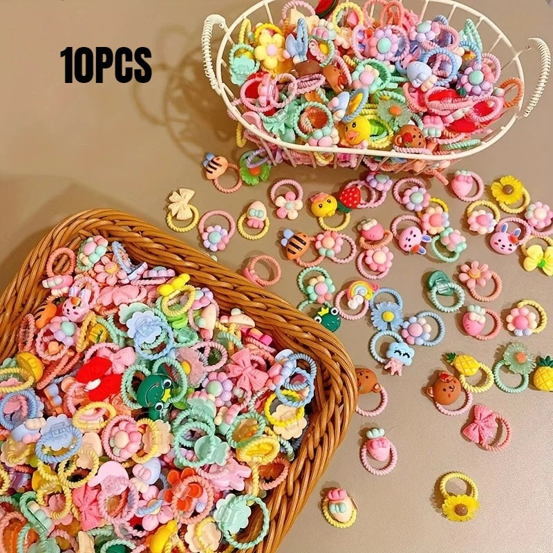 50pcs girls high elastic hair band does not hurt hair, cartoon animal flowers and fruit decorative hair band, decorative hair se Qme Mixed color 10pcs