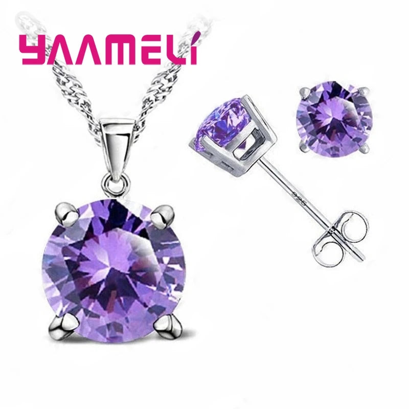Good Quality 925 Sterling Silver Color Jewelry Sets for Woman Classic Claw Setting Cubic Zirconia Stud Earring Pendant Necklace Qme