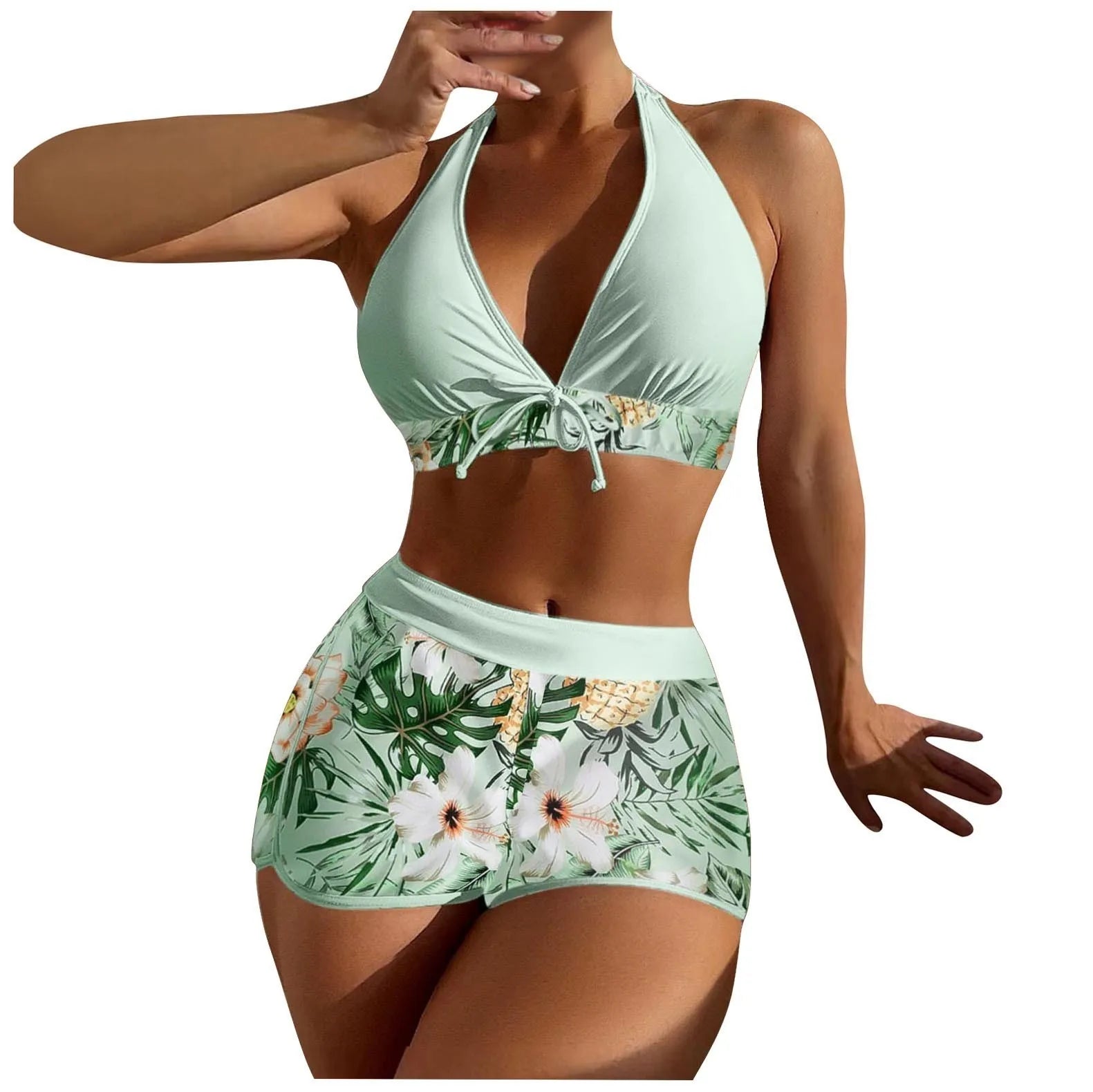Women's Paneled Printed Swimsuit Ladies Fashion Sexy Split Boxer High Waist Swimsuit Two-Piece Set V-Neck Bathing Suits Female Qme