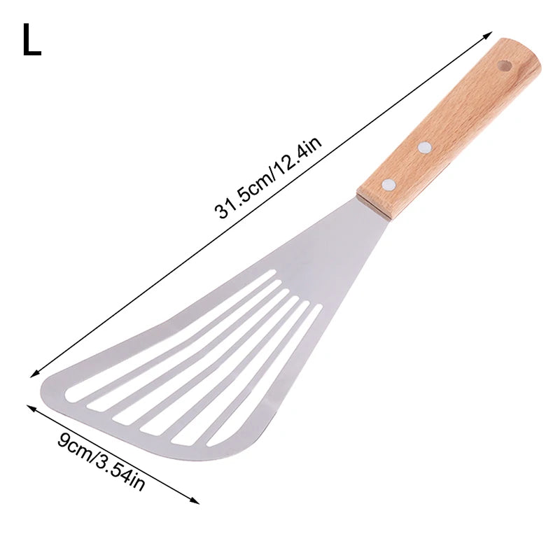 Stainless Steel Slotted Turner Fish Frying Shovel With Wooden Handle Fan-shaped Shovel Household High-temperature Frying Shovel Qme L