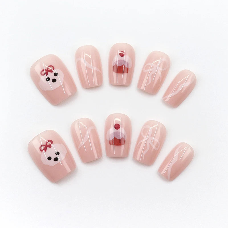 Lovely Dog Bow Cake Short Square False Nails Jelly Adhesive Qme