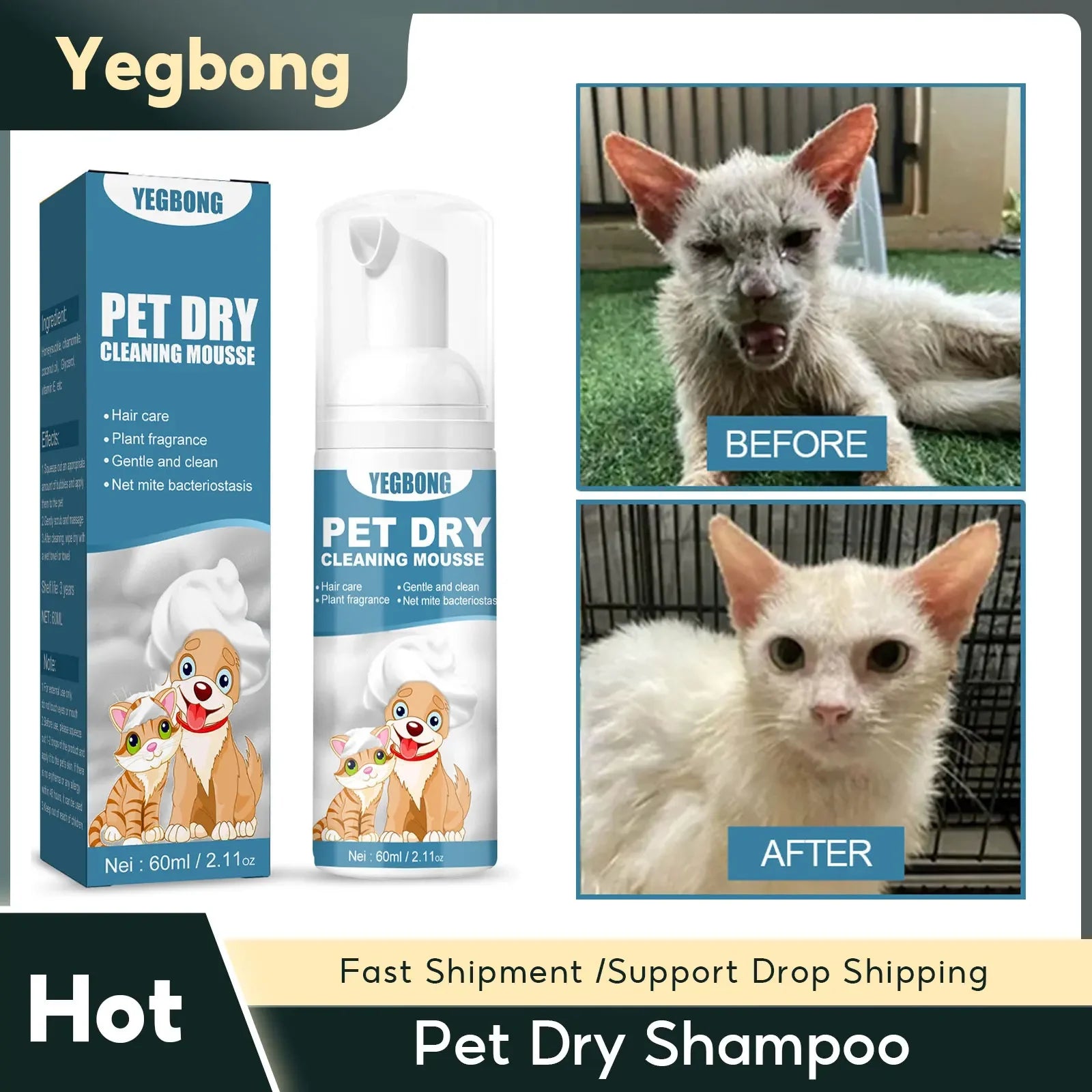 Pet Dry Shampoo Puppy Kitten Dry Cleaning Foam Shampoo Safe Bathless Cleaning Odor Eliminator Itch Relief Pet Grooming Supplies Qme