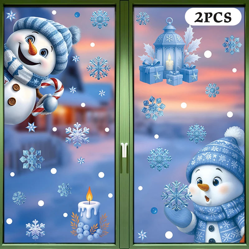 Blue Christmas Window Clings-Static Sticker Set With Bells, Reindeer, Santa, Snowflakes & Snowman For Holiday Party Decor Qme A1