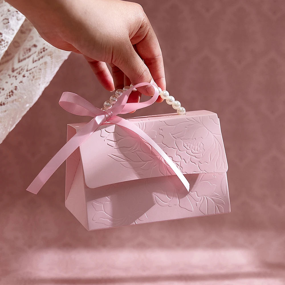 10Pcs Pink Paper Gift Box, Concave and Convex Three-Dimensional Flower Design, with Pearl Handle, Used for Party Holiday Gift Pa Qme