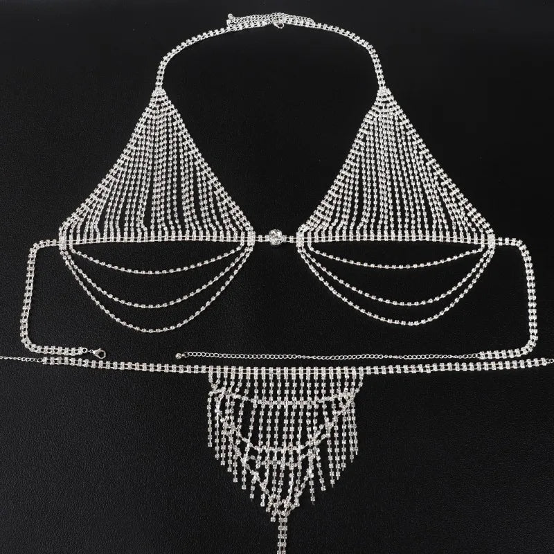 Flash Diamond Breast Chain Rhinestone Tassel Sexy Bikini Body Qme