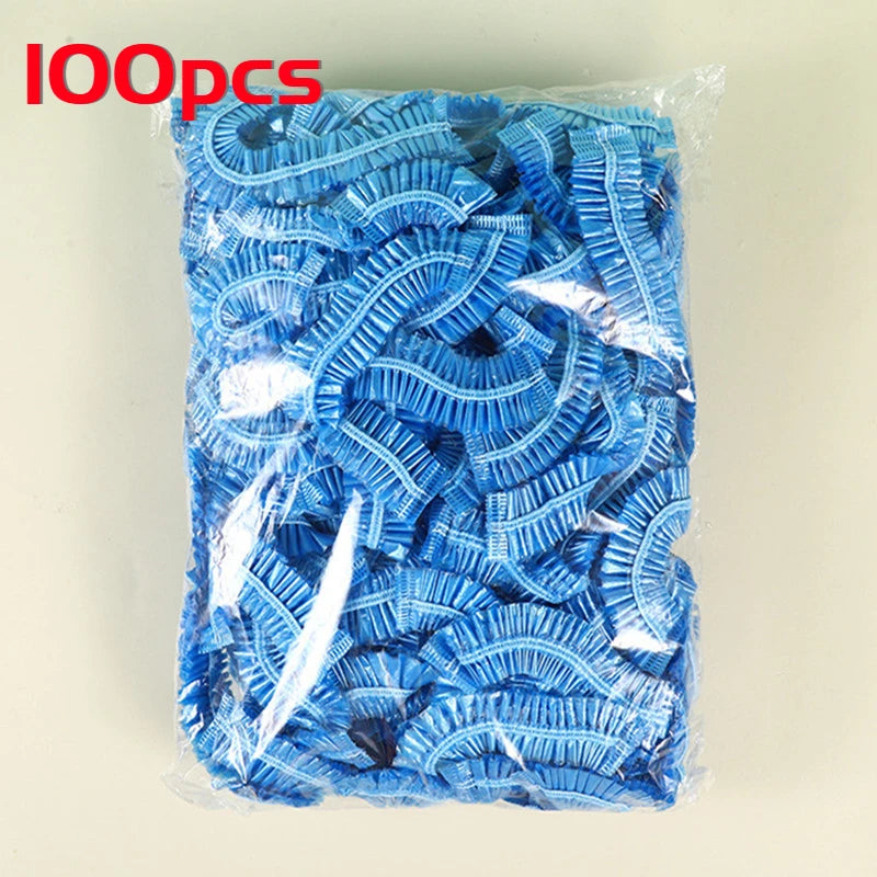100pcs/set Disposable Shower Caps Plastic Waterproof Headgear Pink Spa Salon Hotel Hair Dye Women Elastic hair Cap Bathroom Qme 100pcs-blue
