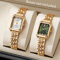 Women Gold Square Quartz Watch Green White Dial Thin Steel Band Wristwatch Qme 2PCS Without Box