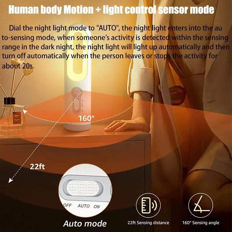 Portable 2 in 1 Flashlight Motion Sensor Night Light Bedroom Bathroom Reading Camping Lighting Baby Feeding Eye Care Bedside Lam Qme