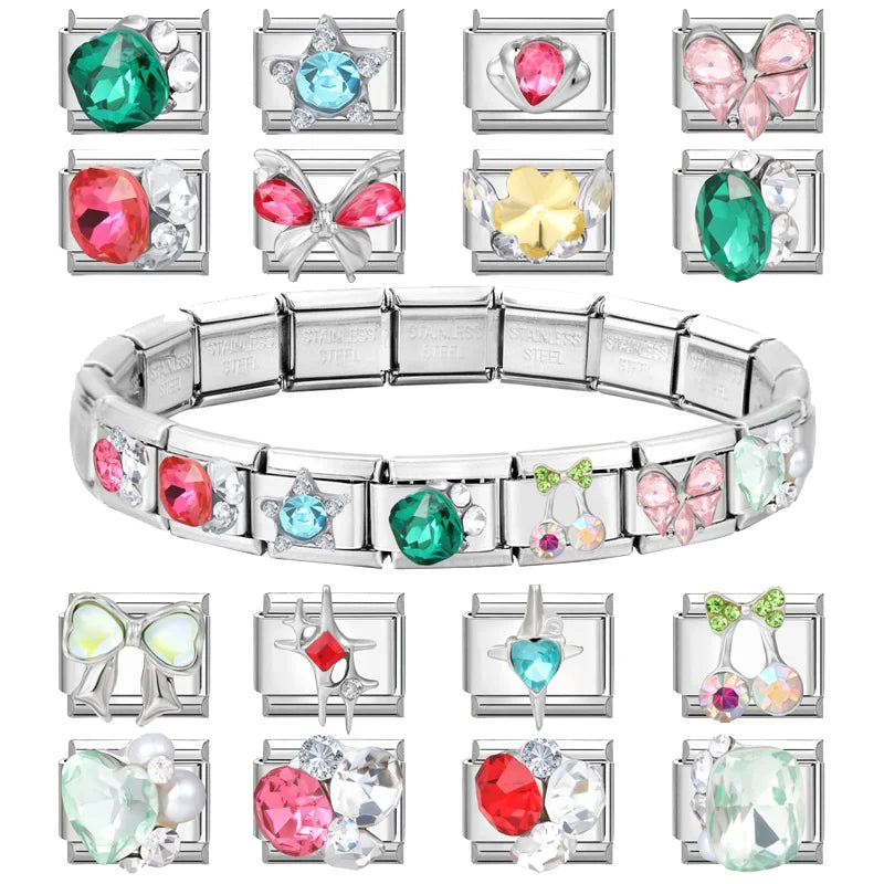 Green Blue Pink Zircon Stars Colored Cherry Italian Charm Links Fit 9mm Stainless Steel Bracelet Women Jewelry DIY Making Gifts Qme