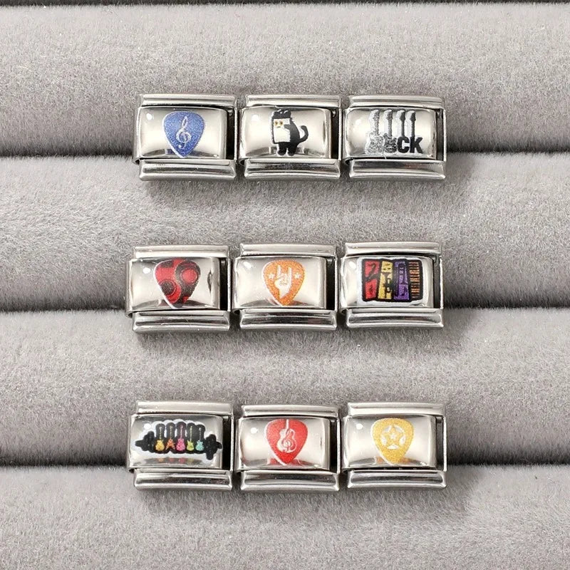Women Musical Elements Note Guitar Electric Accordion Guitar Charm Italian Links Fit 9mm Stainless Steel Bracelet Making Jewelry Qme