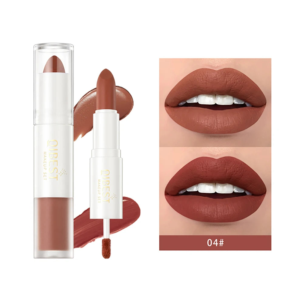 QIBEST 2 in 1 Long-lasting Matte Lipstick Sexy Red Lipstic Velvet Lipgloss Women Waterproof Nude Lip Tint Girl Fashion Makeup Qme 04
