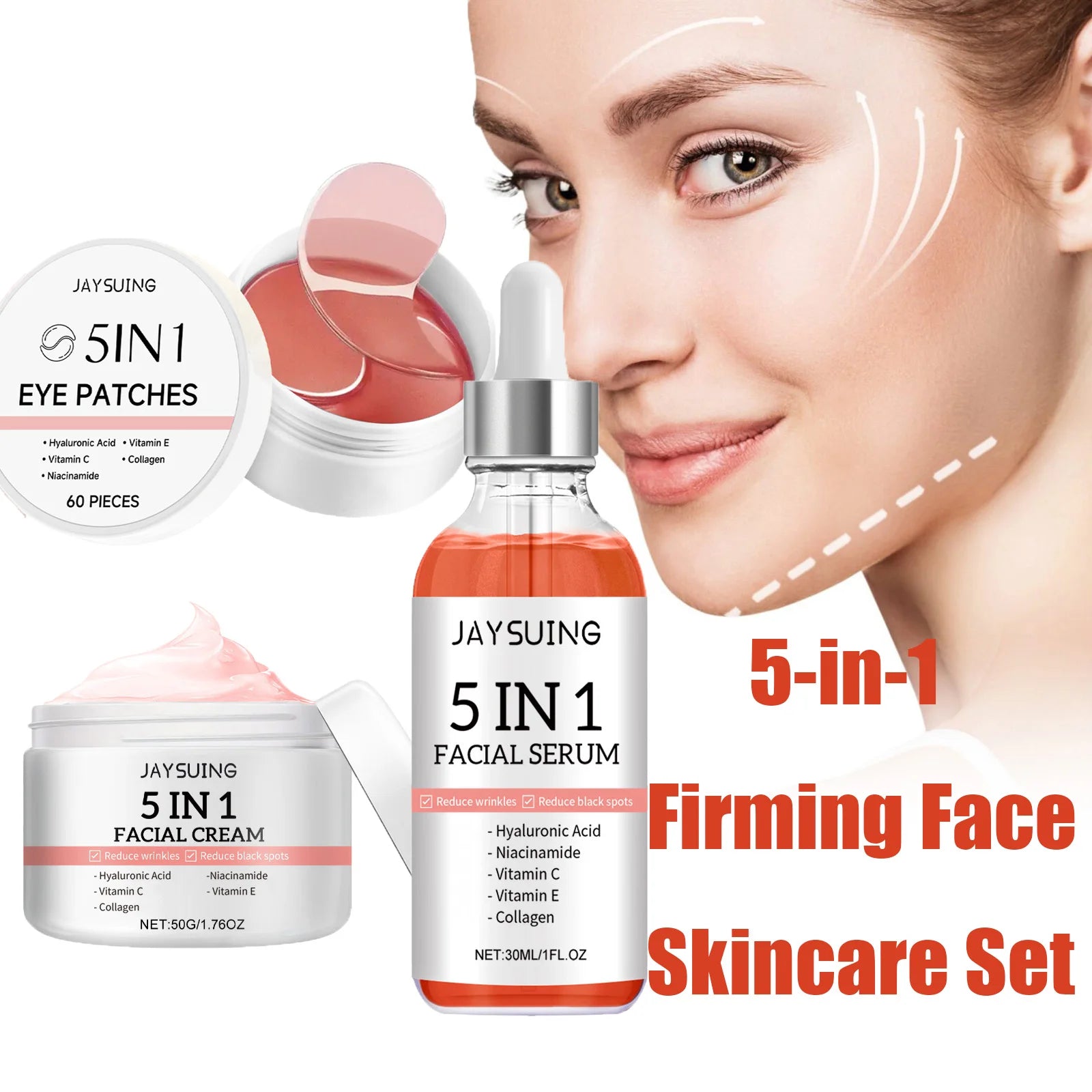 5-in-1 Skincare Set Firming Facial Serum Anti Aging Face Cream Collagen Eye Patches Moisturising Brightening Shrink Pores Skin Qme