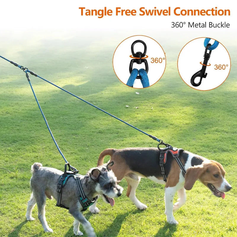 Nylon double ended dog leash with cushioned handle, 360 ° rotatable detachable pet leash, suitable for medium and large dogs Qme