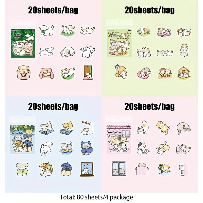 80 Sheets/4Bag Cute Pet Life Theme PET White Ink Stickers, Suitable for DIY, Scrapbooking, Phone Cases, Notebooks & Other Decor Qme A