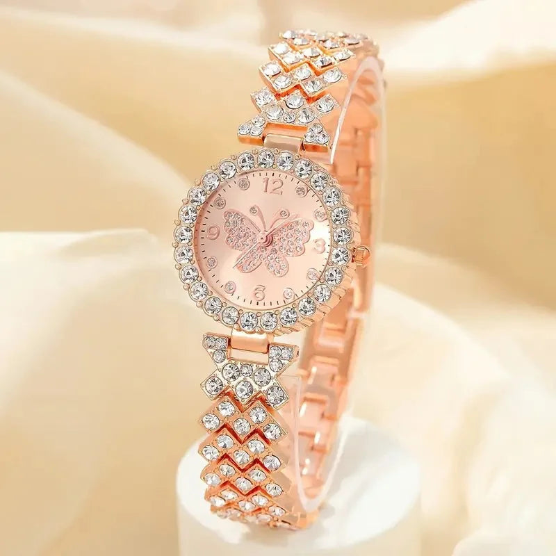 New Women's Watch Butterfly Series Fashion Style Versatile Personality Full Diamond English Steel Belt Watch Qme