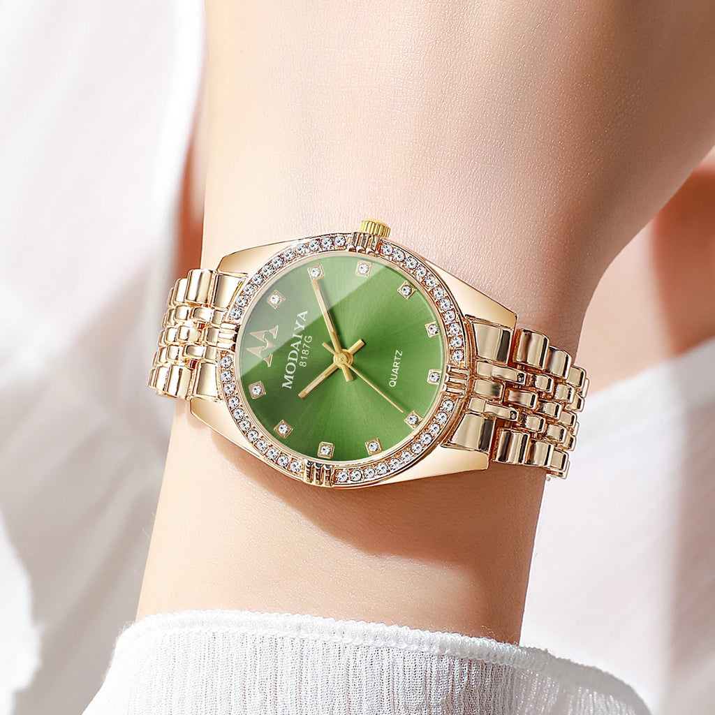 Luxury Women's Crystal Watch, Rose Gold Tone with Green Dial, Everyday Wear Qme