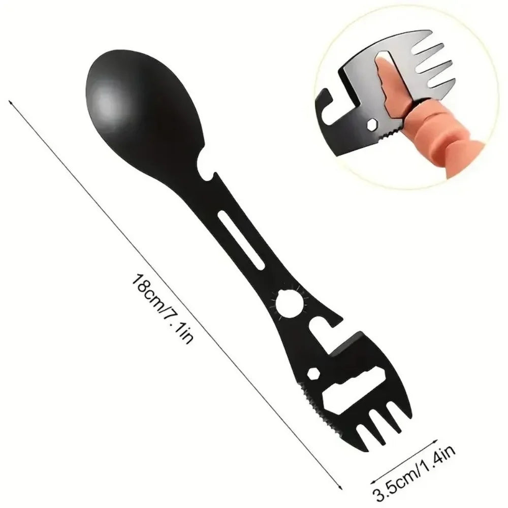 Multifunctional Outdoor Spoon Fork Tool 10 in 1 Survival Kit with Wrench Saw Edge Practical Fork Knife Spoon Bottle/Can Opener Qme