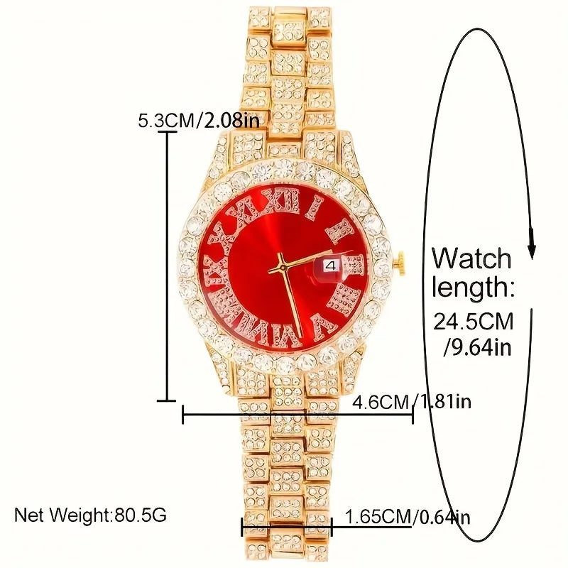 Men's Bling Jewelry Set: Silver Iced Out Watch + Cuban Link Chain + Bracelet + Cross Pendant Necklace, 4Pcs Hip Hop Set Qme