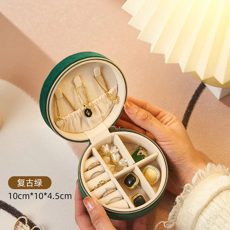 Luxury Velvet Travel Jewelry Case - Zippered Portable Organizer for Necklaces Earrings & Accessories Perfect for Travel&Gifting Qme Vintage Green 10 X10X 4.5CM