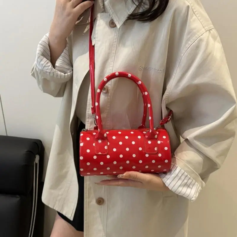 Korean Polka Dot Crossbody Bag Barrel Shape Mini Handle Purse Daily Casual Shoulder Bag Women's Cute Elegant Underarm Bag Qme