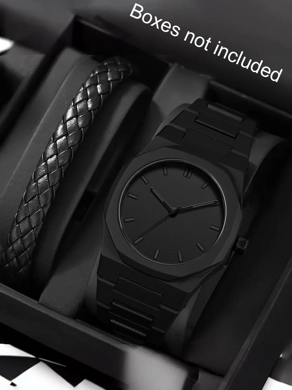 2-piece Light Luxury Fashion Octagonal Versatile Men's Business Quartz Watch Premium Sense Set Qme black No