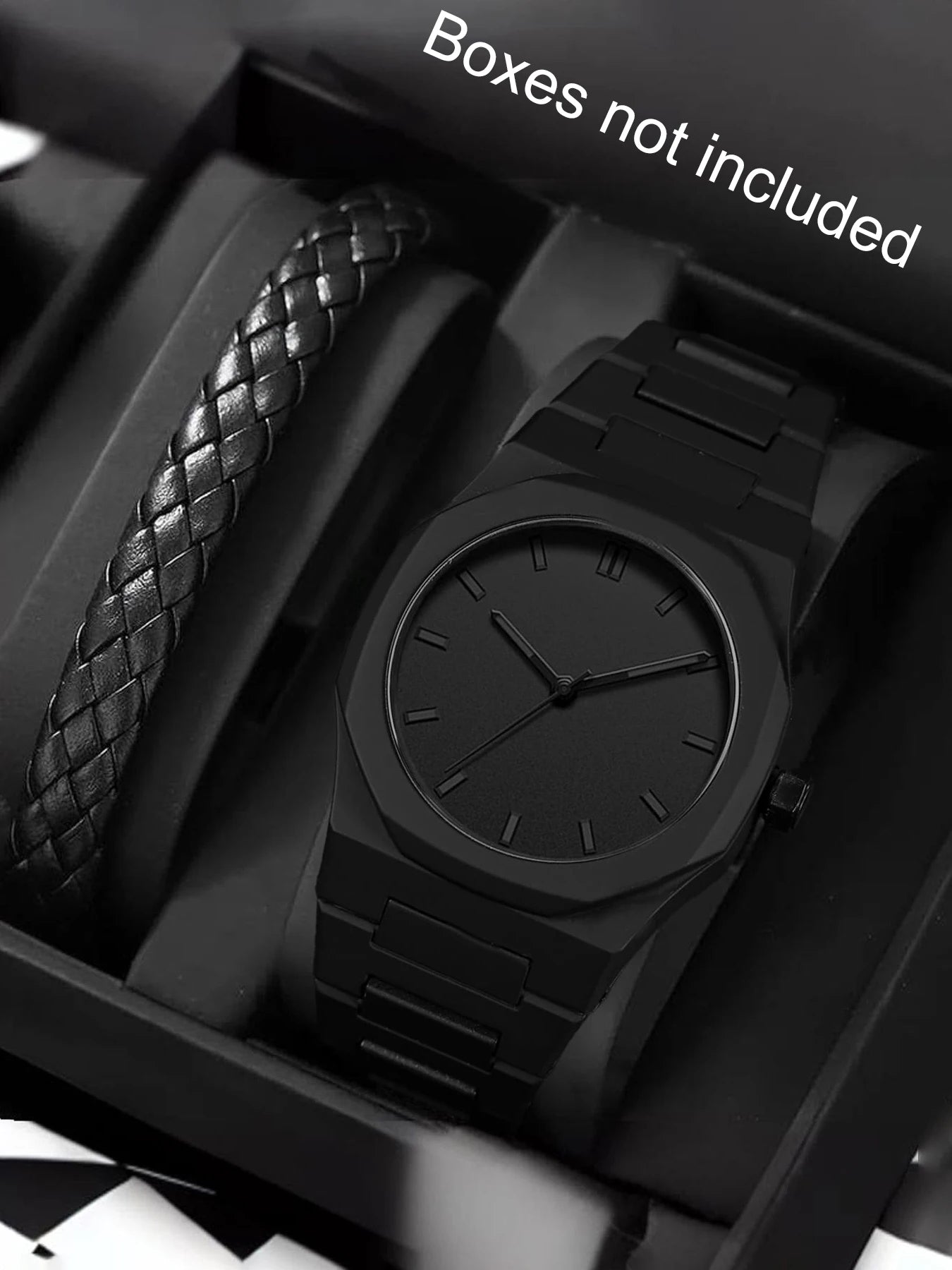 2-piece Light Luxury Fashion Octagonal Versatile Men's Business Quartz Watch Premium Sense Set Qme black No