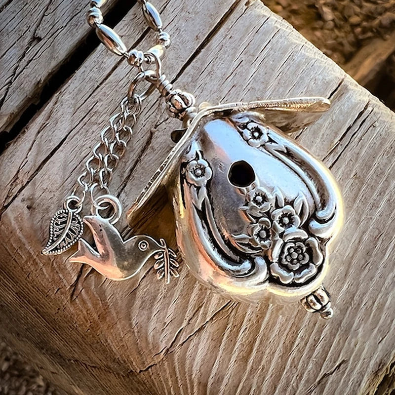 Silver-Plated Hollow Knife Birdhouse Pendant, Vintage Handmade Collectors Jewelry for Bird Enthusiasts Qme A1