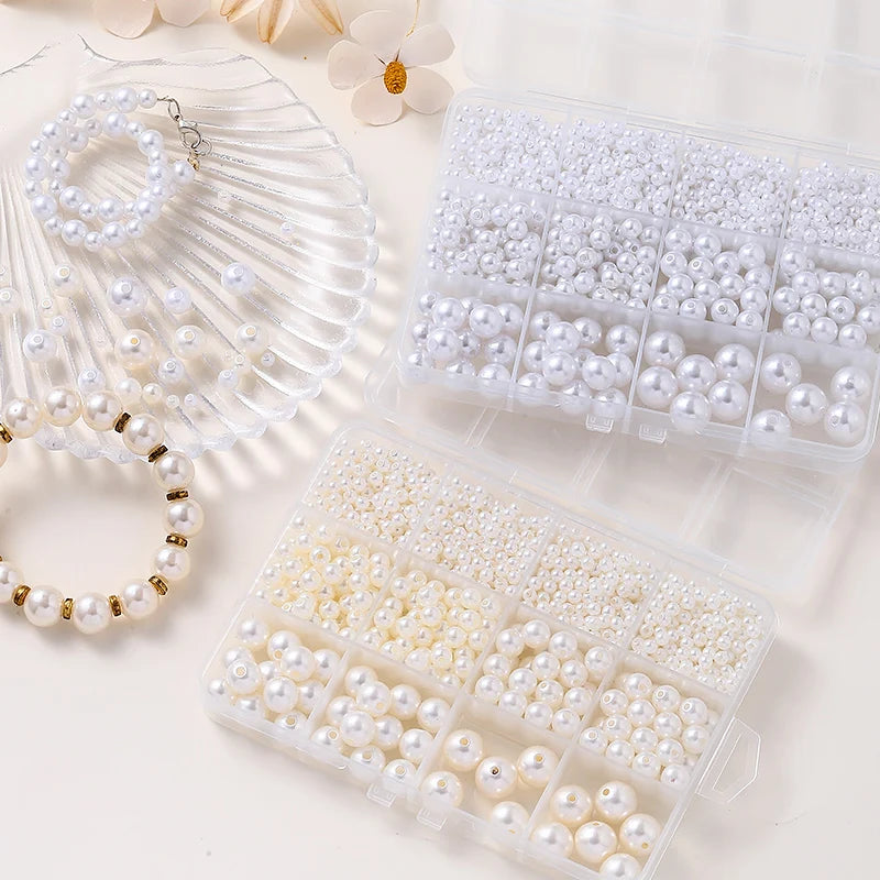 1200Pcs Resin Pearl Beads Kit 5 Sizes Round Small Pearl Filler Beads with Hole for DIY Craft Necklaces Earrings Bracelets Making Qme
