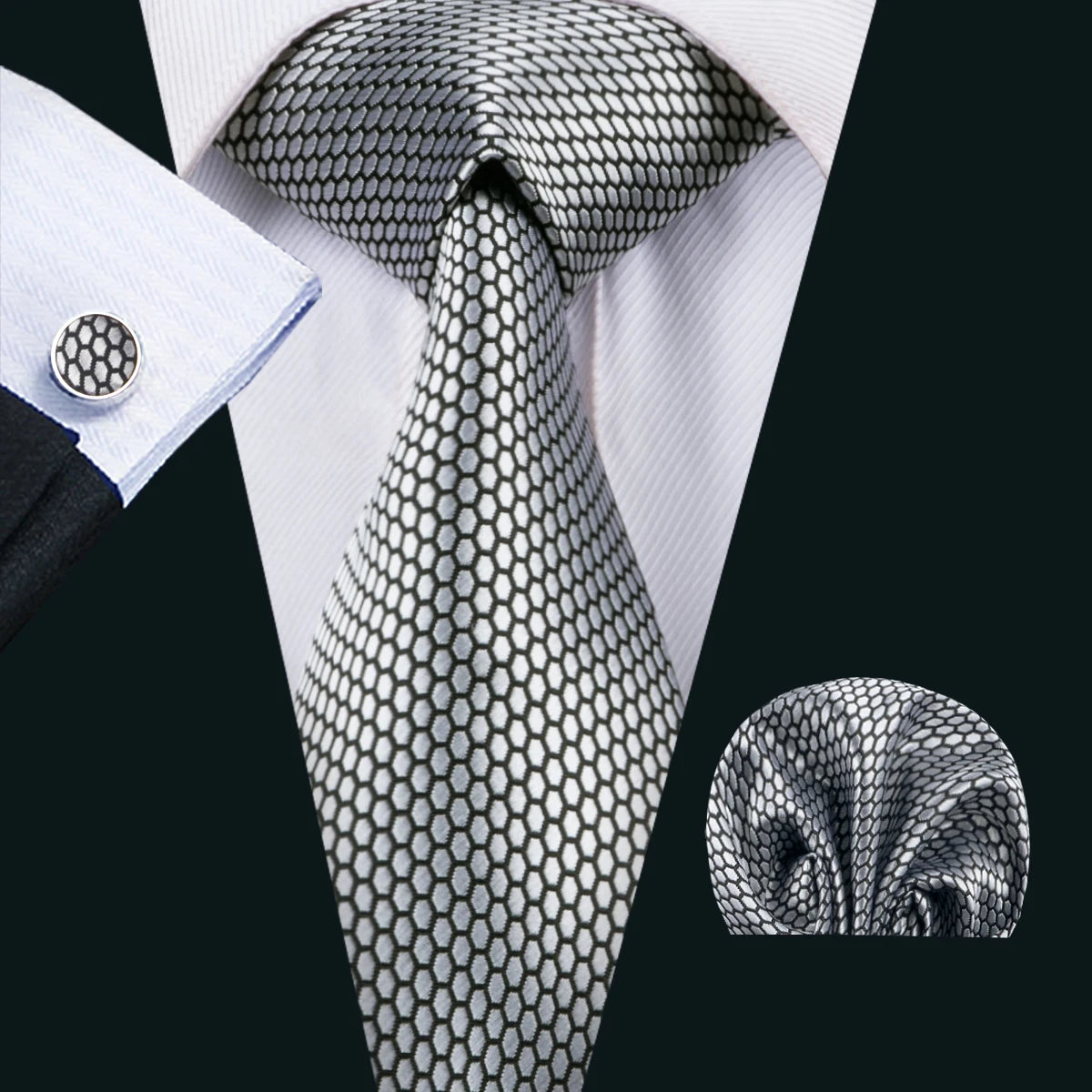 Black Geometric Tie Tie For Men Wedding Tie Party Necktie Handkerchief Cravat Barry.Wang Fashion Designer Tie Set LS-5225 Qme 1536