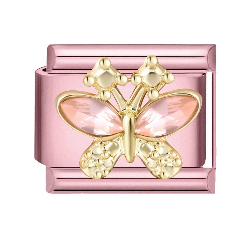 Shiny Colorful Zircon Bowknot Butterfly Garland Italian Charm Links Fit 9mm Stainless Steel Bracelet Women Y2K DIY Making Gift Qme Style 27